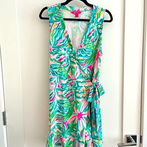 Gently used Lilly Pulitzer pink and green palm knit romper size L